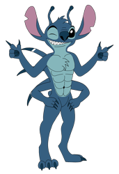 Size: 2345x3430 | Tagged: safe, artist:skyward-the-txnlover, stitch (lilo & stitch), alien, experiment (lilo & stitch), fictional species, anthro, disney, lilo & stitch, 2021, abs, antennae, anthrofied, back spines, belly button, black eyes, blue body, blue claws, blue fur, blue nose, blue paw pads, chest fluff, claws, digital art, dipstick antennae, ears, featureless crotch, flat colors, fluff, four arms, fur, grin, hand on hip, head fluff, high res, looking at you, male, multicolored antennae, muscles, nudity, one eye closed, sharp teeth, short tail, simple background, smirk, solo, solo male, standing, tail, teeth, toe claws, torn ear, transparent background, winking
