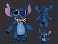 Size: 1920x1440 | Tagged: safe, artist:seba dom, stitch (lilo & stitch), alien, experiment (lilo & stitch), fictional species, disney, lilo & stitch, 3d, 3d model, 4 fingers, 4 toes, back marking, black eyes, blue body, blue claws, blue fur, body markings, chest fluff, claws, digital art, ear marking, ears, fluff, fur, gray background, head fluff, head marking, male, occipital marking, open mouth, open smile, short tail, simple background, smiling, solo, solo male, standing, tail, teeth, tongue, torn ear