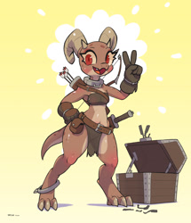 Size: 1895x2200 | Tagged: safe, artist:sat_v12, oc, oc only, oc:piko, fictional species, kobold, reptile, anthro, digitigrade anthro, arrow, bow (weapon), chest, clothes, female, gesture, gloves, loincloth, looking at you, midriff, open mouth, quiver, red eyes, smiling, solo, solo female, sword, topwear, v sign, weapon