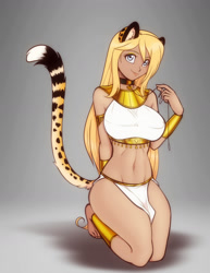 Size: 1849x2400 | Tagged: safe, artist:scorpdk, oc, oc only, oc:mihari, animal humanoid, cheetah, feline, fictional species, mammal, humanoid, 2021, armlet, belly button, blonde hair, bracelet, breasts, clothes, collar, egyptian, eyebrows, eyelashes, female, gold, hair, high res, jewelry, kneeling, leash, loincloth, long hair, looking at you, midriff, smiling, smiling at you, solo, solo female, tail, topwear
