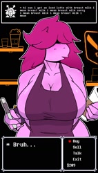 Size: 1000x1756 | Tagged: suggestive, artist:psy_goat, noelle holiday (deltarune), susie (deltarune), fictional species, lizard, monster, reptile, anthro, deltarune, apron, blushing, breasts, clothes, female, hair, hair over eyes, huge breasts, i mean breast milk, pen, solo, solo female