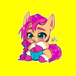 Size: 768x768 | Tagged: safe, artist:_rai_mu_gi_, sunny starscout (mlp), earth pony, equine, fictional species, mammal, pony, feral, hasbro, my little pony, my little pony g5, spoiler, spoiler:my little pony g5, 2021, bag, braid, chibi, coat markings, female, hair, hooves, mare, simple background, socks (leg marking), solo, solo female, tail, unshorn fetlocks, yellow background