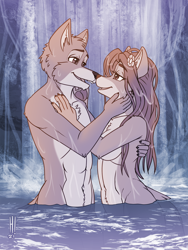 Size: 960x1280 | Tagged: suggestive, artist:heresyart, maid marian (robin hood), robin hood (robin hood), canine, fox, mammal, anthro, disney, robin hood (disney), 2021, belly button, breasts, casual nudity, chest fluff, duo, duo male and female, ear fluff, elbow fluff, embrace, eye contact, eyebrows, eyelashes, female, flower, flower in hair, fluff, hair, hair accessory, long hair, looking at each other, male, male/female, nudity, open mouth, outdoors, partially submerged, pecs, plant, romantic, romantic couple, skinny dipping, vixen, water, waterfall, wet