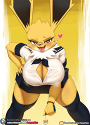 Size: 1500x2080 | Tagged: suggestive, artist:burgerkiss, eeveelution, fictional species, jolteon, mammal, anthro, nintendo, pokémon, 2021, anthrofied, black nose, blushing, bottomwear, breasts, brown eyes, cell phone, cleavage, clothes, ear fluff, eyebrows, eyelashes, female, fluff, fur, hand on hip, heart, heart eyes, huge breasts, legwear, long ears, love heart, multicolored fur, open mouth, open smile, phone, school uniform, shirt, skirt, smartphone, smiling, solo, solo female, stockings, thick thighs, thighs, tongue, topwear, two toned body, two toned fur, white body, white fur, wingding eyes, yellow body, yellow fur
