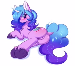 Size: 2672x2340 | Tagged: safe, artist:pesty_skillengton, izzy moonbow (mlp), equine, fictional species, mammal, pony, unicorn, feral, hasbro, my little pony, my little pony g5, spoiler, spoiler:my little pony g5, 2021, blushing, butt, chest fluff, dock, ear fluff, featureless crotch, female, fluff, frog (hoof), fur, gradient mane, gradient tail, high res, hooves, horn, looking at you, looking back, looking back at you, mare, simple background, smiling, solo, solo female, tail, underhoof, unshorn fetlocks, white background