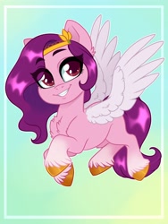 Size: 3000x4000 | Tagged: safe, artist:annakitsun3, pipp petals (mlp), equine, fictional species, mammal, pegasus, pony, feral, hasbro, my little pony, my little pony g5, spoiler, spoiler:my little pony g5, 2021, blank flank, chest fluff, circlet, coat markings, cute, feathered wings, feathers, female, fluff, flying, headwear, high res, hooves, jewelry, mare, regalia, shiny hair, smiling, socks (leg marking), solo, solo female, spread wings, tail, tiara, unshorn fetlocks, white wings, wings
