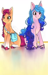Size: 842x1289 | Tagged: safe, artist:montythedoggo, izzy moonbow (mlp), sunny starscout (mlp), earth pony, equine, fictional species, mammal, pony, unicorn, feral, hasbro, my little pony, my little pony g5, spoiler, spoiler:my little pony g5, 2021, bag, bracelet, braid, chest fluff, coat markings, cute, duo, duo female, female, females only, fluff, fur, gradient mane, gradient tail, hair, happy, hooves, horn, jewelry, mare, sitting, smiling, socks (leg marking), tail, unshorn fetlocks