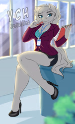 Size: 3265x5388 | Tagged: suggestive, artist:jerraldina, equine, human, mammal, pony, anthro, humanoid, absurd resolution, bottomwear, clothes, female, high heels, jacket, office, reporter, sexy, shoes, skirt, topwear, ych