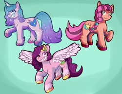 Size: 1200x927 | Tagged: safe, artist:aurora_future, izzy moonbow (mlp), pipp petals (mlp), sunny starscout (mlp), earth pony, equine, fictional species, mammal, pegasus, pony, unicorn, feral, hasbro, my little pony, my little pony g5, spoiler, spoiler:my little pony g5, 2021, braid, circlet, coat markings, cutie mark, feathered wings, feathers, female, females only, gradient mane, gradient tail, hair, hooves, horn, mare, socks (leg marking), spread wings, tail, trio, trio female, unshorn fetlocks, wings