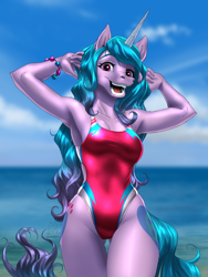 Size: 4500x6000 | Tagged: safe, artist:mykegreywolf, izzy moonbow (mlp), equine, fictional species, mammal, pony, unicorn, anthro, hasbro, my little pony, my little pony g5, spoiler, spoiler:my little pony g5, 2021, absurd resolution, anthrofied, bracelet, breasts, butt, clothes, eyebrow through hair, eyebrows, eyelashes, female, fur, hair, horn, horn pattern, jewelry, looking at you, magenta eyes, mare, multicolored hair, multicolored tail, one-piece swimsuit, open mouth, outdoors, purple body, purple fur, purple hair, seaside, sky, solo, solo female, sport swimsuit, swimsuit, tail, teal hair, teeth, thigh gap, two toned hair, two toned tail, underass