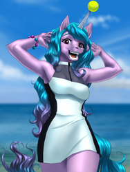Size: 4500x6000 | Tagged: safe, alternate version, artist:mykegreywolf, izzy moonbow (mlp), equine, fictional species, mammal, pony, unicorn, anthro, hasbro, my little pony, my little pony g5, spoiler, spoiler:my little pony g5, 2021, absurd resolution, anthrofied, bracelet, breasts, childproof horn, clothes, eyebrow through hair, eyebrows, eyelashes, female, fur, hair, horn, horn pattern, jewelry, looking at you, magenta eyes, mare, multicolored hair, multicolored tail, open mouth, outdoors, purple body, purple fur, purple hair, seaside, sky, solo, solo female, tail, teal hair, teeth, tennis ball, two toned hair, two toned tail
