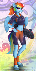 Size: 1220x2390 | Tagged: safe, artist:yakovlev-vad, rainbow dash (mlp), equine, fictional species, mammal, pegasus, pony, anthro, friendship is magic, hasbro, my little pony, 2021, anthrofied, blue body, blue fur, bottomwear, bracelet, breasts, clothes, ear fluff, eyebrows, eyelashes, feathered wings, feathers, female, fluff, fur, hair, hand on hip, hoodie, hooves, jewelry, looking at you, mane, mare, pink eyes, rainbow hair, rainbow mane, rainbow tail, skateboard, smiling, smiling at you, solo, solo female, sweatpants, tail, teeth, thighs, topwear, wings