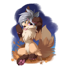 Size: 2100x2500 | Tagged: safe, artist:dreamweaverpony, oc, oc only, oc:savi (lucky ray), canine, fox, mammal, feral, abstract background, brown body, brown fur, butt fluff, cheek fluff, chest fluff, cream body, cream fur, cyan eyes, eye through hair, eyebrow through hair, eyebrows, floppy ears, fluff, fur, gray hair, hair, heterochromia, high res, magenta eyes, male, multicolored fur, neck fluff, paw pads, paws, shoulder fluff, simple background, socks (leg marking), solo, solo male, tail, tail fluff, tongue, tongue out, transparent background