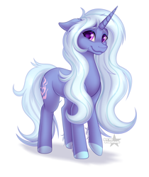 Size: 3354x4000 | Tagged: safe, artist:starshade, oc, oc only, oc:misty, equine, fictional species, mammal, pony, unicorn, feral, friendship is magic, hasbro, my little pony, 2021, blue body, commission, cute, cutie mark, female, heart, heart eyes, high res, horn, lightly watermarked, mare, purple eyes, purple eys, simple background, smiling, solo, solo female, tail, watermark, wingding eyes, ych, ych example