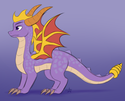 Size: 3762x3042 | Tagged: safe, artist:starshade, spyro the dragon (spyro), dragon, fictional species, reptile, scaled dragon, western dragon, feral, spyro the dragon (series), 2021, claws, frowning, gradient background, high res, horns, male, paws, purple body, purple scales, scales, simple background, sketch, solo, solo male, tail, watermark, webbed wings, wings