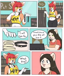 Size: 2966x3512 | Tagged: safe, artist:domasarts, oc, oc only, canine, cat, dog, feline, mammal, anthro, apron, belly button, bottomwear, clothes, collar, comic, crop top, dialogue, female, females only, high res, midriff, pants, shirt, spiked collar, talking, tank top, topwear, wide eyes