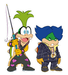 Size: 688x753 | Tagged: safe, artist:joeadok, iggy koopa (mario), ludwig von koopa (mario), fictional species, koopa, reptile, anthro, jojo's bizarre adventure, mario (series), nintendo, clothes, crossover, duo, duo male, fangs, fishing rod, glasses, male, males only, namesake, open mouth, sharp teeth, simple background, teeth, transparent background