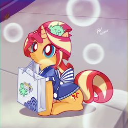 Size: 3000x3000 | Tagged: safe, artist:branewashpv, sunset shimmer (mlp), equine, fictional species, mammal, pony, unicorn, feral, friendship is magic, hasbro, my little pony, 2021, bag, blue eyes, clothes, cute, female, high res, horn, mare, orange body, signature, solo, solo female, tail