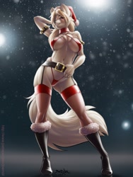 Size: 960x1280 | Tagged: suggestive, artist:evilart, oc, oc only, oc:kaylee (evilart), arctic fox, canine, fox, mammal, anthro, 2018, 2021, absolute cleavage, armpits, arms behind head, bedroom eyes, belly button, belt, bikini, black nose, boots, breasts, cameltoe, chest fluff, choker, christmas, cleavage, clothes, digital art, ears, eyelashes, female, fluff, fur, hair, hat, headwear, holiday, legwear, lidded eyes, looking at you, micro bikini, nipple outline, pose, santa hat, shoes, signature, simple background, smiling, smiling at you, snow, solo, solo female, stockings, swimsuit, tail, thighs, vixen, wide hips