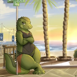 Size: 2500x2500 | Tagged: safe, artist:louart, crocodile, crocodilian, reptile, anthro, beach, clothes, female, high res, leaning against something, solo, solo female, swimsuit, thick thighs, thighs