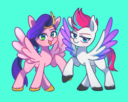 Size: 1024x820 | Tagged: safe, artist:sion-ara, pipp petals (mlp), zipp storm (mlp), equine, fictional species, mammal, pegasus, pony, hasbro, my little pony, my little pony g5, my little pony: a new generation, spoiler, spoiler:my little pony g5, blue background, duo, female, looking at you, mare, siblings, simple background, sister, sisters, spread wings, wings