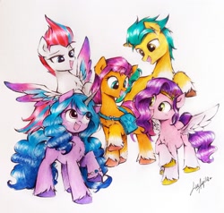 Size: 2625x2503 | Tagged: safe, artist:liaaqila, hitch trailblazer (mlp), izzy moonbow (mlp), pipp petals (mlp), sunny starscout (mlp), zipp storm (mlp), earth pony, equine, fictional species, mammal, pegasus, pony, unicorn, hasbro, my little pony, my little pony g5, my little pony: a new generation, spoiler, spoiler:my little pony g5, female, high res, mane five (mlp g5), traditional art