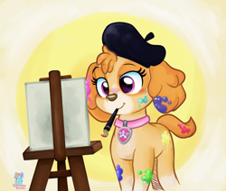Size: 3124x2650 | Tagged: safe, artist:rainbow eevee, skye (paw patrol), canine, cockapoo, dog, mammal, nickelodeon, paw patrol, beret, canvas, clothes, collar, colorful, cream body, cream fur, eyebrows, fur, hat, headwear, high res, holding, lidded eyes, mouth hold, orange body, orange fur, paint, paintbrush, painting, pink eyes, puppy, shading, simple background, solo, yellow background, young