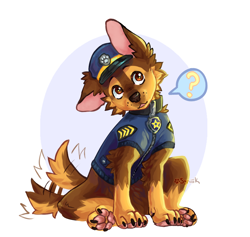 Size: 1100x1042 | Tagged: safe, artist:syrik, chase (paw patrol), canine, dog, german shepherd, mammal, feral, nickelodeon, paw patrol, 2021, black nose, claws, clothes, digital art, ears, fur, male, paw pads, paws, police hat, police uniform, simple background, sitting, solo, solo male, tail, tail wag