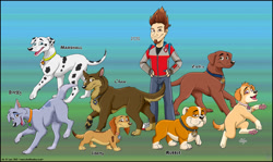 Size: 1280x765 | Tagged: safe, artist:silvolf, chase (paw patrol), liberty (paw patrol), marshall (paw patrol), rocky (paw patrol), rubble (paw patrol), ryder (paw patrol), skye (paw patrol), zuma (paw patrol), canine, chocolate labrador, cockapoo, dachshund, dog, english bulldog, german shepherd, human, labrador, mammal, mutt, feral, humanoid, nickelodeon, paw patrol, spoiler, spoiler:paw patrol:the movie, 2021, black nose, claws, clothes, collar, digital art, ears, female, fur, group, looking at you, male, older, open mouth, paw pads, paw patrol:the movie, paws, sharp teeth, simple background, spotted body, spotted fur, tail, teeth, tongue