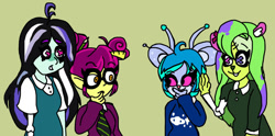 Size: 1024x508 | Tagged: safe, artist:ice-cream-bio, creepy (teen-z), nerd (teen-z), animal humanoid, bear, elf, fictional species, mammal, mouse, panda, rodent, undead, zombie, humanoid, teen-z, beasty squad, clothes, cosmic mouse, crossover, ears, female, females only, glasses, group, hair accessory, micro (beasty squad), mystix, round glasses, topwear, wanda (beasty squad), x eyes