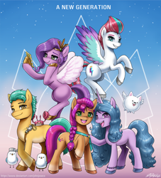 Size: 1500x1653 | Tagged: safe, artist:johnjoseco, hitch trailblazer (mlp), izzy moonbow (mlp), pipp petals (mlp), sunny starscout (mlp), zipp storm (mlp), arthropod, bird, canine, crab, crustacean, dog, earth pony, equine, fictional species, mammal, pegasus, pomeranian, pony, unicorn, feral, hasbro, my little pony, my little pony g5, spoiler, spoiler:my little pony g5, 2021, bracelet, braid, cell phone, coat markings, colored eyebrows, colored pupils, feathered wings, feathers, female, flying, flying pomeranian, grin, group, hair, hooves, horn, jewelry, looking at you, male, mane five (mlp g5), mare, open mouth, phone, quintet, raised hoof, signature, smiling, socks (coat markings), stallion, unshorn fetlocks, white wings, winged dog, wings