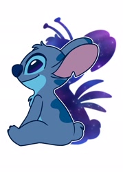 Size: 1463x2048 | Tagged: safe, artist:lugialuver1, stitch (lilo & stitch), alien, experiment (lilo & stitch), fictional species, disney, lilo & stitch, 2020, back marking, black outline, blue body, blue eyes, blue fur, blue nose, body markings, chest fluff, digital art, double outline, ear marking, flat colors, fluff, fur, head fluff, head marking, male, occipital marking, outline, short tail, side view, silhouette, sitting, smiling, solo, solo male, tail, white outline