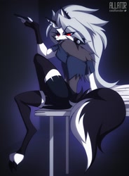 Size: 1508x2048 | Tagged: safe, artist:raidfonder, loona (vivzmind), canine, fictional species, hellhound, mammal, anthro, digitigrade anthro, hazbin hotel, helluva boss, 2020, black nose, bottomwear, cell phone, claws, clothes, collar, colored sclera, ear piercing, earring, ears, eyebrows, eyelashes, eyeshadow, female, fingerless gloves, fluff, fur, gloves, gray body, gray fur, gray hair, hair, legwear, long hair, looking back, makeup, multicolored fur, paws, phone, piercing, red sclera, shoulder fluff, smartphone, solo, solo female, spiked collar, tail, thigh highs, thighs, toeless legwear, topwear, torn clothes, torn ear, white body, white eyes, white fur