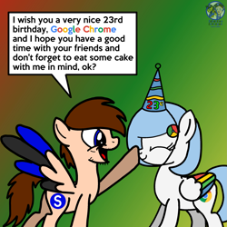 Size: 2143x2143 | Tagged: safe, artist:kabuvee, artist:mrstheartist, oc, oc only, oc:google chrome, oc:seb the pony, equine, fictional species, mammal, pegasus, pony, feral, friendship is magic, google, google chrome, hasbro, my little pony, 2021, anniversary, base used, birthday hat, black outline, boop, browser pony, colored wingtips, cute, eyes closed, female, feralized, furrified, gradient background, high res, male, male/female, mare, ocbetes, ponified, speech bubble, stallion, wings