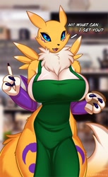 Size: 1221x2000 | Tagged: suggestive, artist:valkoinen, artist:vkvalkoinen, fictional species, renamon, anthro, digimon, 2021, apron, big breasts, black sclera, breasts, cafe, clothes, colored sclera, dialogue, digital art, ears, female, fluff, i mean breast milk, looking at you, meme, naked apron, neck fluff, nudity, open mouth, partial nudity, solo, solo female, talking, text, thighs, tongue, wide hips