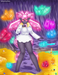 Size: 989x1280 | Tagged: safe, artist:shinn, diancie, fictional species, legendary pokémon, mythical pokémon, anthro, nintendo, pokémon, 2021, anthrofied, breasts, cave, clothes, commission, digital art, dress, ears, female, hair, looking at you, open mouth, solo, solo female, thighs, tongue, treasure