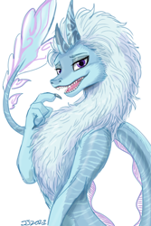 Size: 800x1200 | Tagged: safe, artist:johnjoseco, sisu (raya and the last dragon), dragon, eastern dragon, fictional species, feral, disney, raya and the last dragon, 2021, 2d, aquatic dragon, blue body, eyebrows, eyelashes, female, hair, horns, looking at you, mane, open mouth, purple eyes, sharp teeth, simple background, solo, solo female, teeth, white background