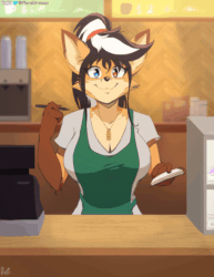 Size: 990x1280 | Tagged: suggestive, alternate version, artist:viejillox, oc, oc only, oc:elizabeth fox (viejillox), canine, fox, mammal, anthro, 2021, animated, apron, arm under breasts, bedroom eyes, belly button, big breasts, black nose, blinking, bouncing breasts, braless, breasts, cafe, cashier, clothes, crying, dialogue, digital art, ears, eyelashes, eyes closed, female, female focus, fur, gif, glowing, glowing eyes, hair, heart, heart eyes, heterochromia, holding, i mean breast milk, jewelry, looking away, meme, necklace, no pupils, note, nudity, offscreen character, open mouth, pen, seductive, seductive eyes, seductive look, sharp teeth, shirt, shirt lift, shouting, solo, solo female, solo focus, speech bubble, talking, teeth, text, tongue, topwear, vixen, wide hips, wingding eyes, worried