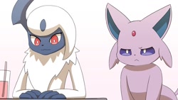Size: 1280x720 | Tagged: safe, artist:sum, absol, eeveelution, espeon, fictional species, mammal, feral, nintendo, pokémon, 2021, ambiguous gender, black nose, claws, digital art, drink, duo, duo ambiguous, ears, fur, hair, horn, simple background, unamused