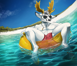 Size: 1500x1286 | Tagged: suggestive, alternate version, artist:venlightchaser, oc, oc only, cervid, deer, mammal, anthro, unguligrade anthro, 2021, antlers, beach, bulge, clothes, cloven hooves, commission, dewclaw, digital art, ear fluff, fluff, fur, glasses, gray hair, hair, hooves, looking at you, lying down, male, ocean, on back, outdoors, palm tree, partially submerged, pendant, plant, short tail, signature, smiling, solo, solo male, spread legs, sunglasses, swim trunks, swimsuit, tail, tree, water, white body, white fur, ych result