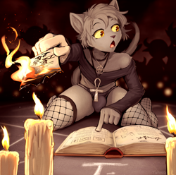 Size: 1812x1800 | Tagged: suggestive, artist:twang, oc, oc only, oc:jeremy (twang), cat, demon, feline, fictional species, mammal, anthro, comic:magick cat, 2021, book, bulge, candle, clothes, comic, ears, femboy, fire, fishnet, fishnet stockings, fur, goth, gray body, gray fur, gray hair, hair, jewelry, legwear, male, necklace, open mouth, panties, pentagram, see-through, solo, solo male, stockings, summoning, tail, underwear