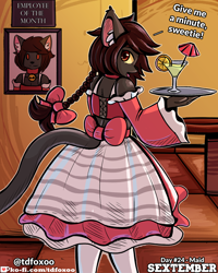 Size: 2000x2500 | Tagged: safe, artist:tdfoxoo, cat, feline, mammal, anthro, 2021, artwork, bow, cat tail, clothes, cute, female, fluff, high res, legwear, maid, nylons, pinup, sextember, sextember2021, solo, solo female, stockings, tail, waiter, waitress