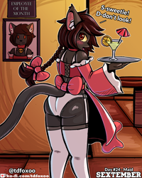Size: 2000x2500 | Tagged: suggestive, artist:tdfoxoo, cat, feline, mammal, anthro, 2021, artwork, bow, cat tail, clothes, cute, female, fluff, high res, legwear, maid, nylons, pinup, sextember, sextember2021, solo, solo female, stockings, tail, waiter, waitress
