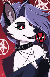 Size: 2000x3077 | Tagged: safe, artist:lw-88, loona (vivzmind), canine, fictional species, hellhound, mammal, anthro, hazbin hotel, helluva boss, 2021, black nose, breasts, bust, cleavage, clothes, collar, colored sclera, cute, cute little fangs, ear fluff, ear piercing, earring, eyebrow piercing, eyebrows, eyelashes, eyeshadow, fangs, female, fingerless gloves, fluff, fur, gloves, gray body, gray fur, gray hair, hair, high res, licking, lollipop, long hair, looking at you, makeup, multicolored fur, pentagram, piercing, portrait, red sclera, shoulder fluff, smiling, smiling at you, solo, solo female, spiked collar, teeth, tongue, tongue out, topwear, torn clothes, white body, white eyes, white fur