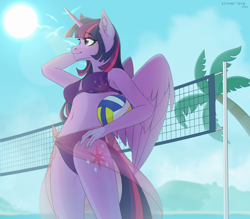 Size: 3000x2631 | Tagged: safe, artist:sinner_png, twilight sparkle (mlp), alicorn, equine, fictional species, mammal, pony, anthro, friendship is magic, hasbro, my little pony, 2021, anthrofied, ball, beach, belly button, bikini, breasts, clothes, ear fluff, feathered wings, feathers, female, fluff, high res, horn, mare, outdoors, palm tree, plant, purple body, sarong, smiling, solo, solo female, sports, sun, swimsuit, tail, tree, volleyball, volleyball net, wings