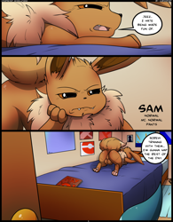 Size: 996x1280 | Tagged: suggestive, artist:kuroodod, oc, oc:sam (kuroodod), eevee, eeveelution, fictional species, mammal, feral, comic:oversexed eeveelutions, comic:oversexed eeveelutions - vol 1, nintendo, pokémon, balls, beans, comic, male, monologue, nudity, open mouth, paw pads, paws, presenting, talking, underpaw