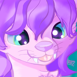 Size: 3000x3000 | Tagged: safe, artist:umbrapone, feline, mammal, saber-toothed cat, anthro, ambiguous gender, blep, chest fluff, cute, fluff, fur, hair, high res, pink body, pink fur, purple hair, purple nose, sabertooth, simple background, tongue, tongue out, whiskers