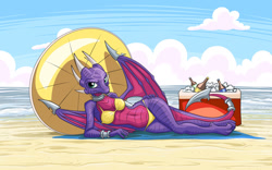 Size: 1280x800 | Tagged: safe, artist:mysticalpha, cynder the dragon (spyro), dragon, fictional species, western dragon, anthro, digitigrade anthro, spyro the dragon (series), the legend of spyro, beach, belly button, bikini, blanket, breasts, clothes, cloud, cooler, digital art, dragon wings, dragoness, eyelashes, female, horn, looking at you, lying on the ground, ocean, pose, sand, scales, sky, solo, solo female, spread wings, swimsuit, tail, thighs, umbrella, water, wide hips, wings, yellow bikini, yellow swimsuit