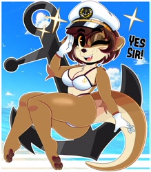 Size: 2800x3200 | Tagged: safe, artist:wirelessshiba, oc, oc only, oc:pearl aurora (wirelessshibe), mammal, mustelid, otter, anthro, 2021, anchor, bikini, breasts, brown hair, chest fluff, clothes, elbow fluff, english text, eyebrow through hair, eyebrows, eyelashes, female, fluff, gloves, hair, hat, high res, looking at you, ocean, one eye closed, open mouth, open smile, paw pads, paws, short hair, shoulder fluff, smiling, solo, solo female, swimsuit, text, water, winking