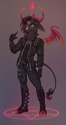 Size: 1549x2923 | Tagged: safe, artist:hornedgoddess, oc, oc only, oc:baldwin, baphomet (species), bovid, caprine, demon, fictional species, goat, mammal, anthro, 2021, black hair, boots, bottomwear, bracelet, clothes, cloven hooves, digital art, ear piercing, ears, fur, gloves, goth, gray body, gray fur, hair, hooves, horns, jacket, jewelry, leather, leather jacket, leather pants, looking at you, male, pants, pentagram, piercing, red eyes, shirt, shoes, simple background, solo, solo male, standing, tail, tail tuft, topwear, ungulate